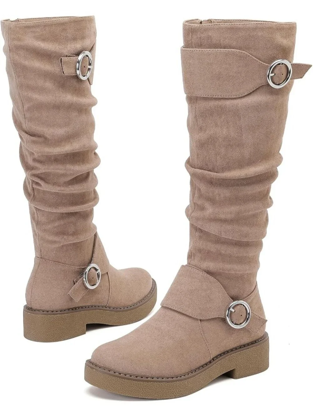 Women's Beige Leather Rubber Slouchy Knee High Comfortable Stylish Tall Boots